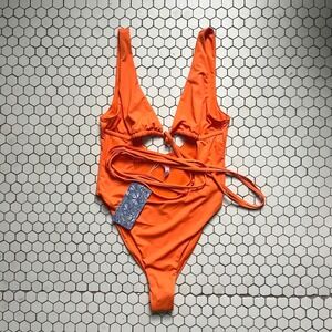 Toluca Swim Orange Cutout Wrap One Piece Swimsuit XS New With Tags High Cut Leg